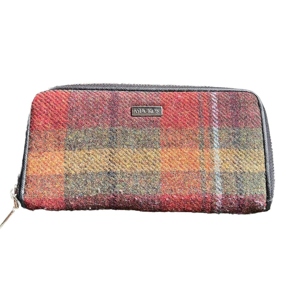 Mucros Weavers Irish Tweed Plaid Zippered Wallet Multi Slots Red Green Wool